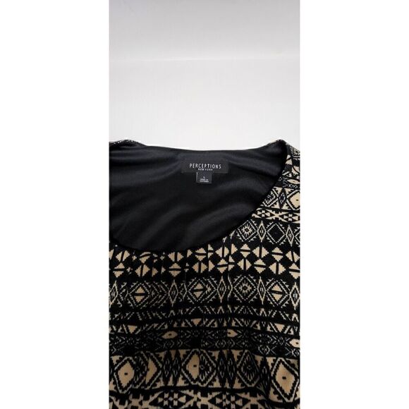 Perceptions New York black tan dress tucks Tribal pattern 3/4 sleeve Misses L - Picture 7 of 9
